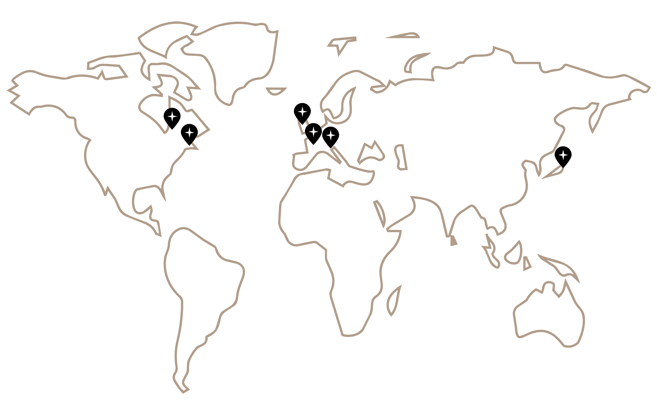 Carte mondiale des bureaux et représentants Graphiplus — présence internationale en Europe, Amérique du Nord et Asie